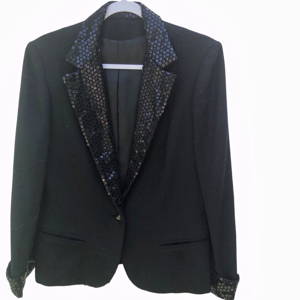 vintage 80's David Hayes women’s black tuxedo  jacket sequin lapels & flip cuffs